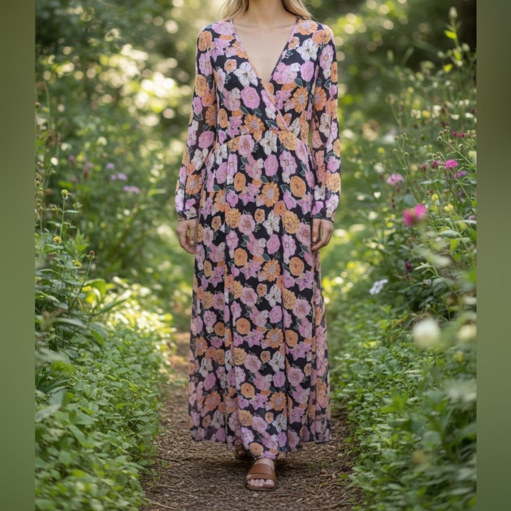 Pink Lily Floral V-Neck Maxi Dress Size Small